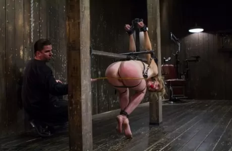 Блондинку дергают за волосы во время мастурбации в бондаже картинка 3